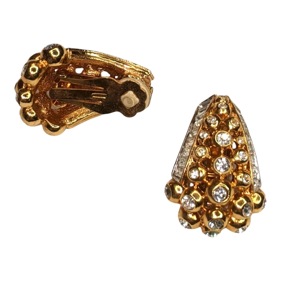 Vintage Designer Clip On Earrings Golden Tone Diomand Accent Beautiful ❤️ - Picture 9 of 12
